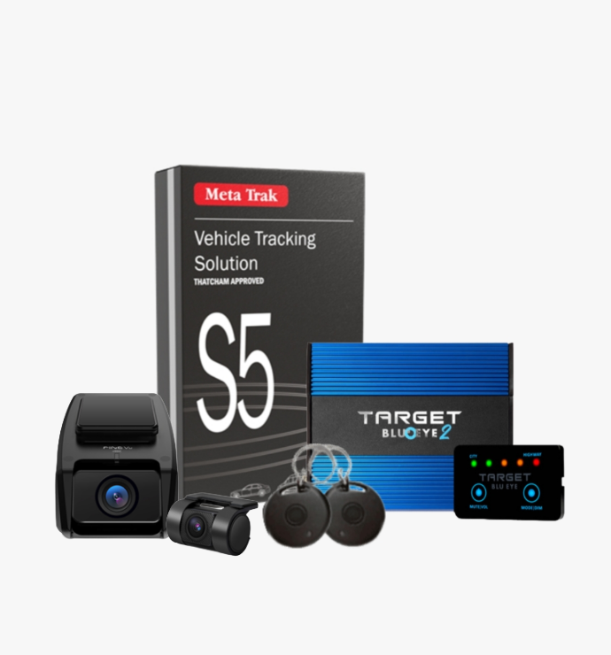 Meta Trak S5 VTS, FineVu GX1600 Front & Rear Hardwire and Target | Blu Eye 2 (LCD Version)